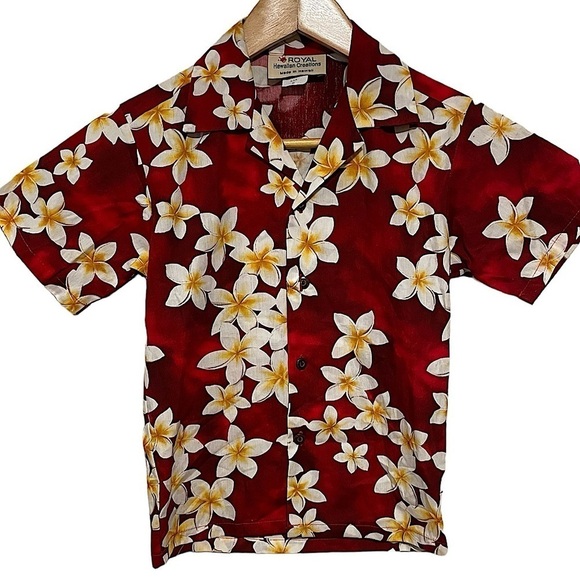 PLUMERIA BOYS ALOHA SHIRT 100% cotton Hawaiian shirt floral collar button down - Picture 1 of 7